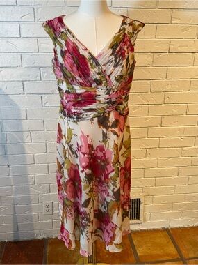 Coldwater Creek 100% Silk Floral V-Neck Sleeveless Midi Dress Womens 14